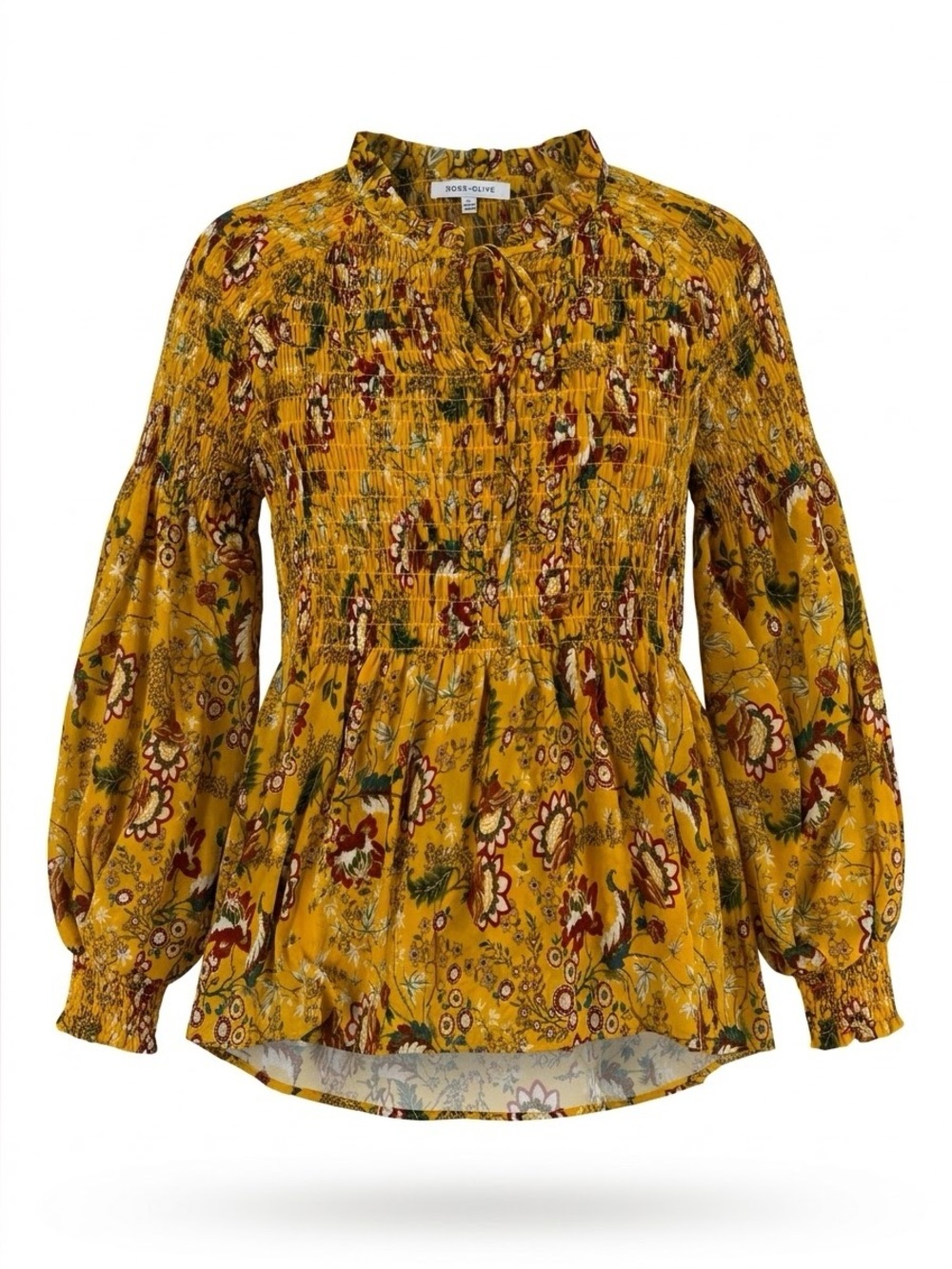 Rose + Olive XL Yellow Floral Smocked Peplum Blouse